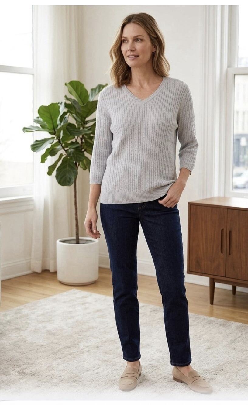 Kim Rogers Woman 1X Gray Cotton Pullover Cable Knit Sweater Preppy Grandmacore